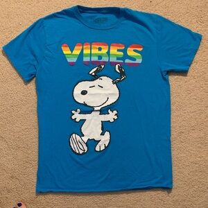 Peanuts Snoopy Vibes Tee - Turquoise with Rainbow Lettering